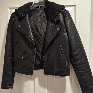 TOPSHOP leather feel bomber jacket with detachable hood (see pics for details)